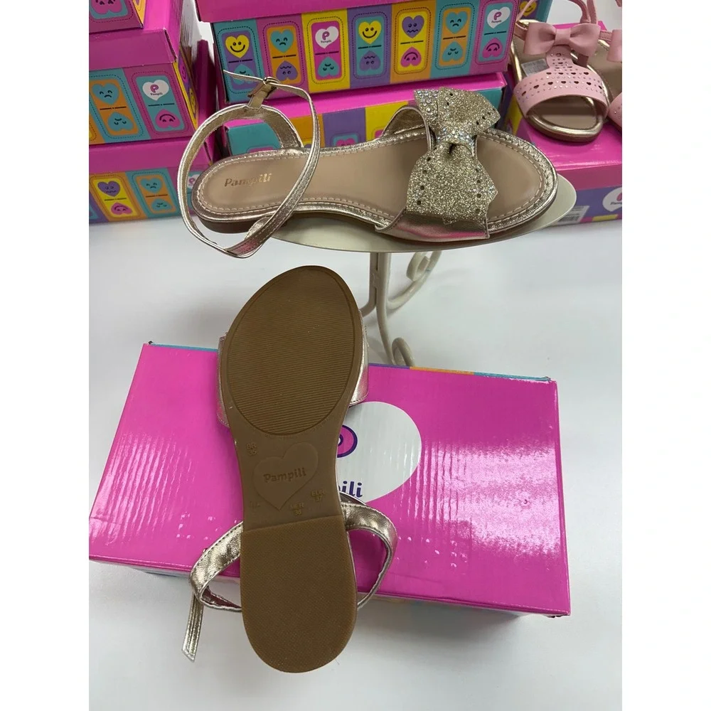 Pampili Girls Gold Metallic Glitter Bow Rhinestone Ankle Strap Dress Sandals